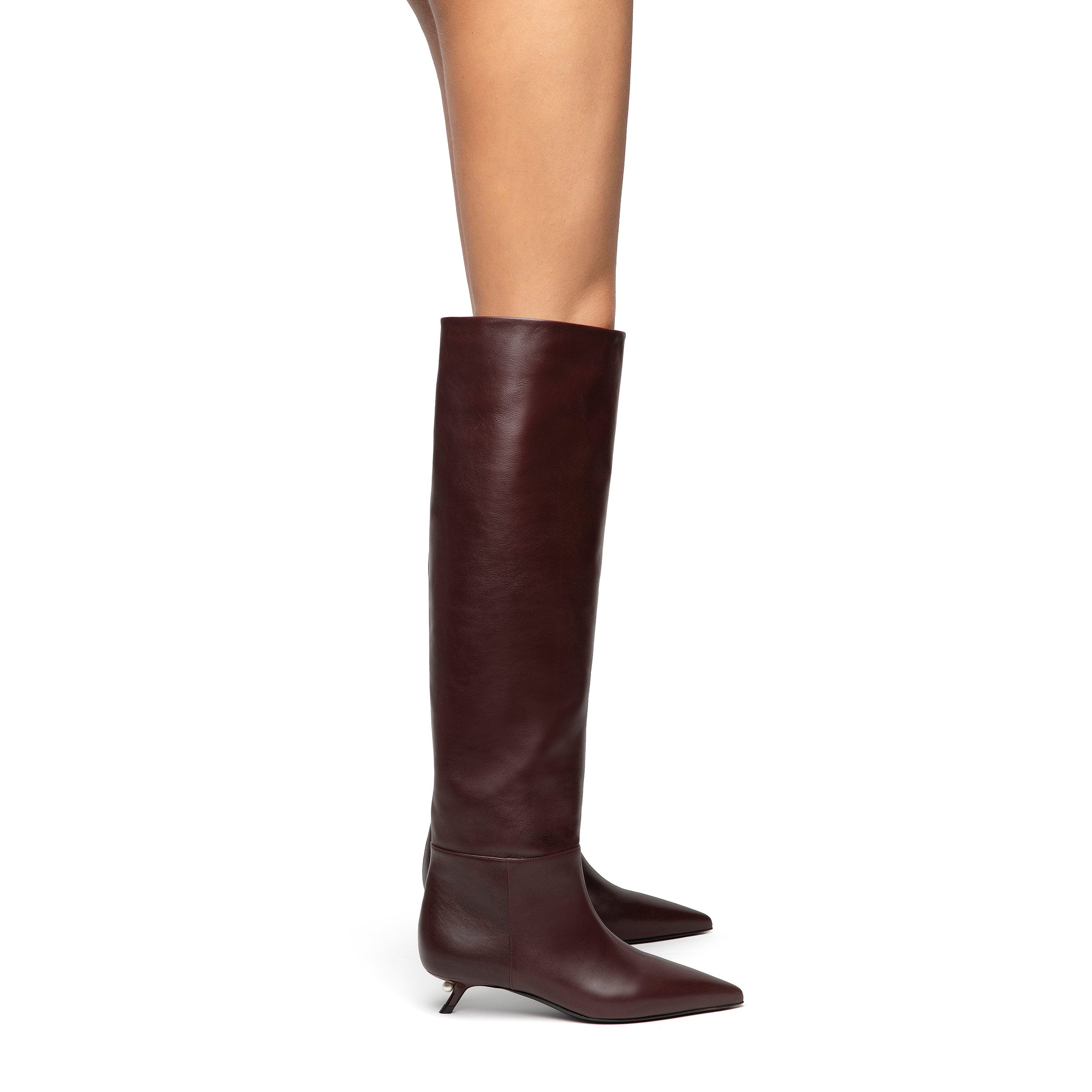 Luxury Italian Alevi Milano high boots in deep merlot leather with distinctive pearl heel design