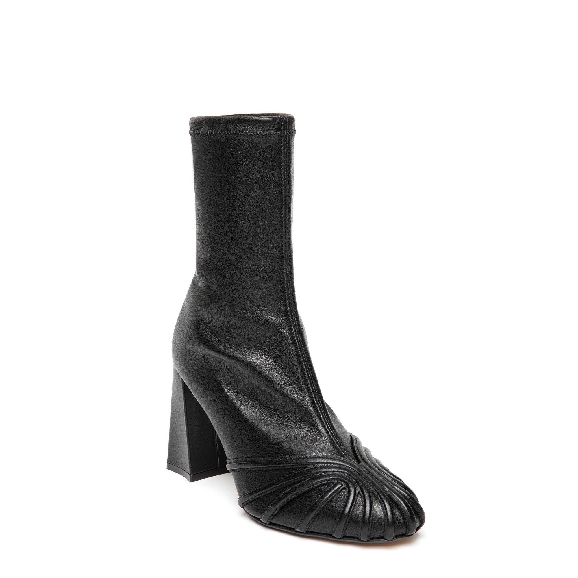 Elegant black stretch nappa leather ankle boots by Alevi Milano, featuring the brand’s iconic baguette cage detail