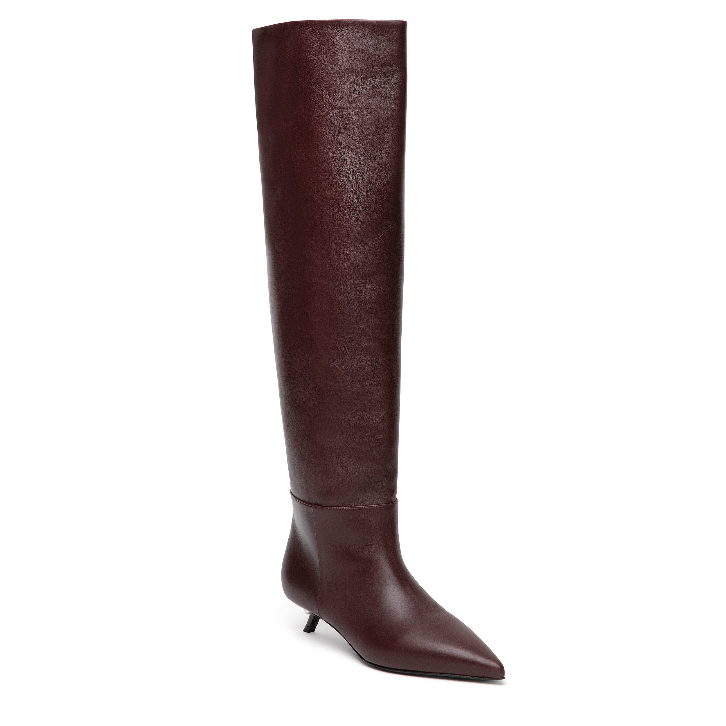 Elegant knee-high boots in merlot calfskin leather by Alevi Milano, featuring sculptural heel with pearl detail