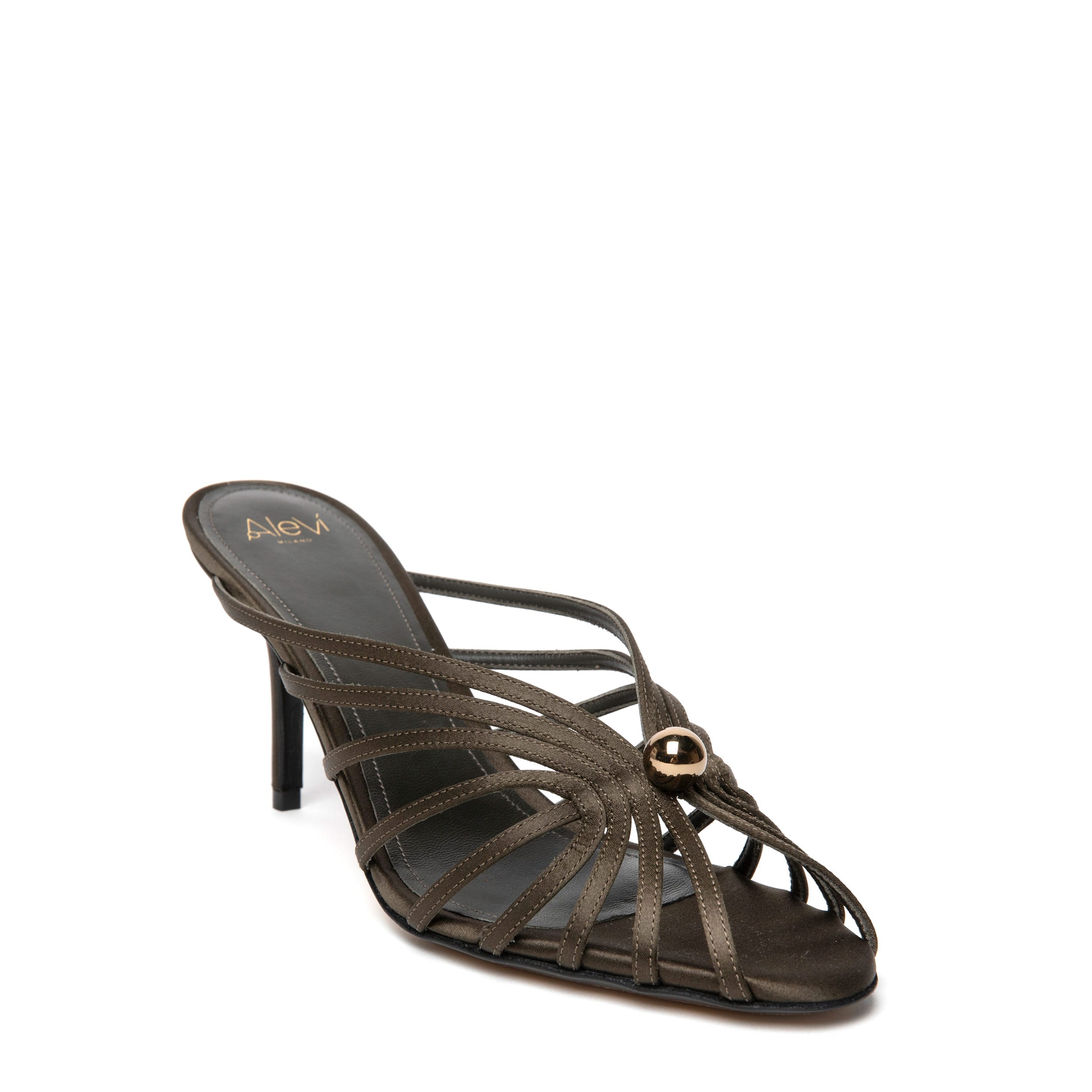Alevì Milano Diana Pearl in Satin moss color, with 7,5cm high heel from 3/4