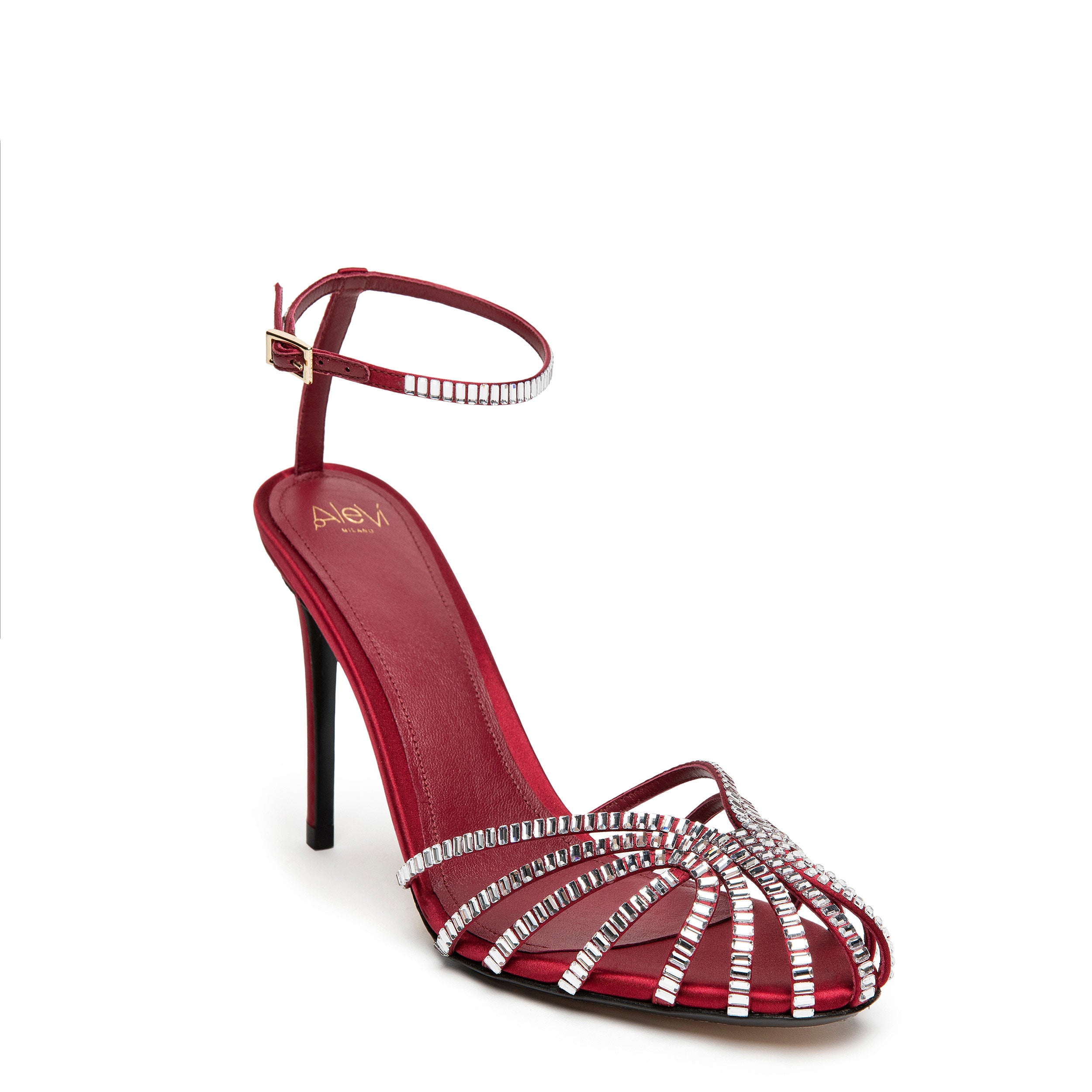 Penelope 110 Satin Scarlet – Crystal Sandal | Alevì