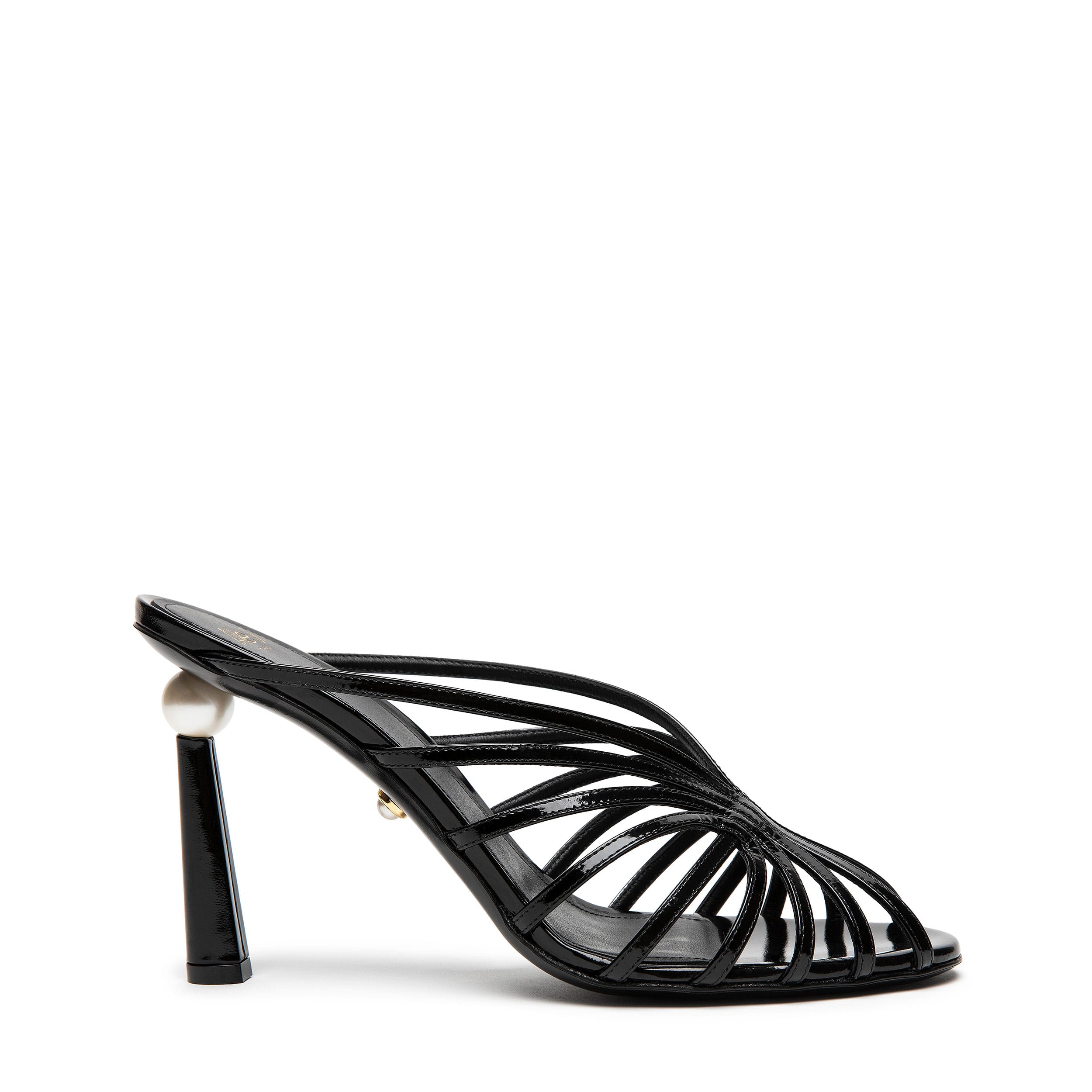 levi Milano Venus Charme Black patent leather cage sandals with sculptural pearl heel – luxury women’s footwear