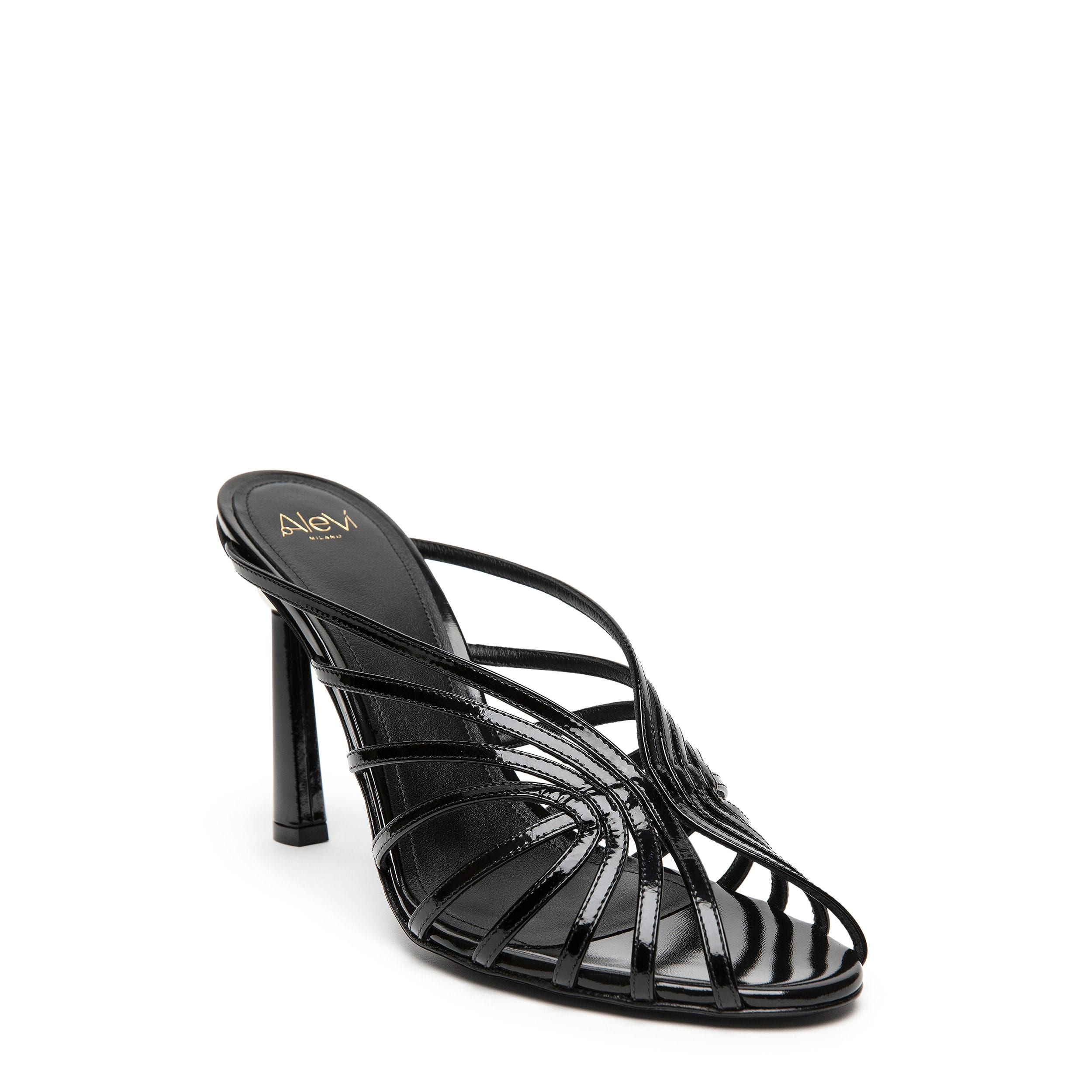 Elegant black high-heel sandals by Alevi Milano featuring a glossy leather cage design and signature pearl detail